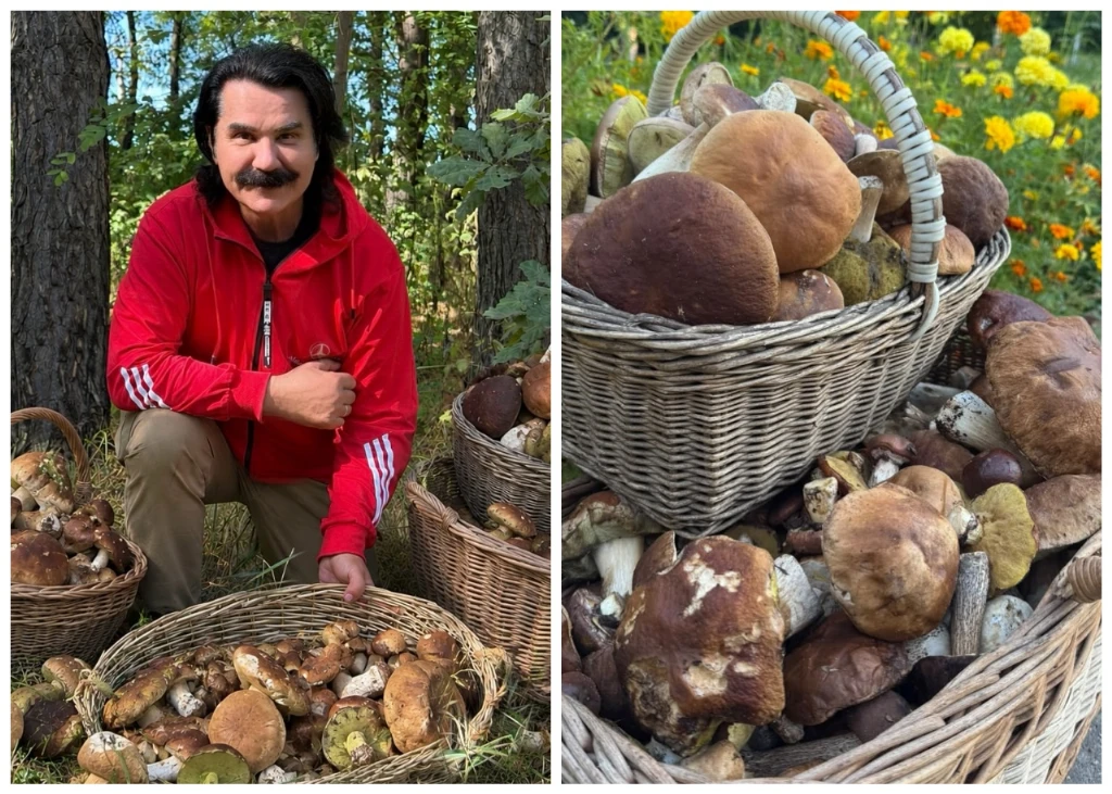 Павло Зібров показує кошики з білими грибами після тихого полювання